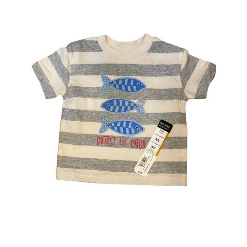 Newborn Short Sleeve Shirt Okie Dokie Crewneck Cutest Lil'  Catch Fish Cotton